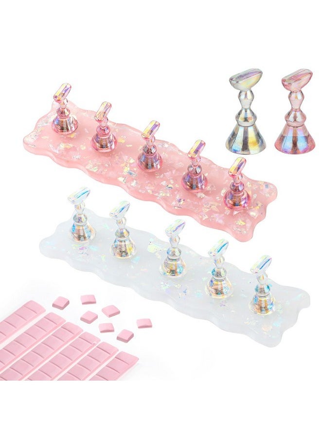 Prasacco 2 Sets Nail Stand For Painting Nails, Acrylic Nail Holder For Press On Nails Display With 96 Pcs Reusable Adhesive Putty Magnetic Fake Nail Holder For Painting For Home Diy Salon(White+Pink)  - Image 1