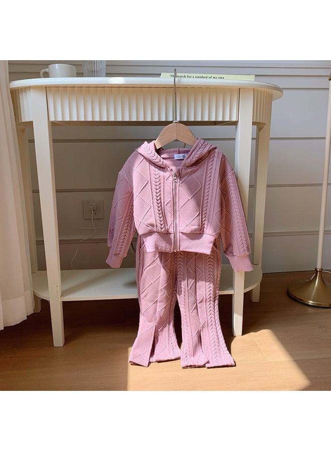 Girls' Autumn Fashion Two-piece Set New Korean Style Children's Solid Color Casual Hooded Jacket And Flared Pants Set