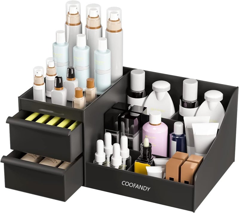 COOFANDY black Makeup Desk Organiser With Drawers, for home & office Plastic Stationary Box, 7 compartments Plastic Case Holder Skin Care Products for Dressing Table - Image 1
