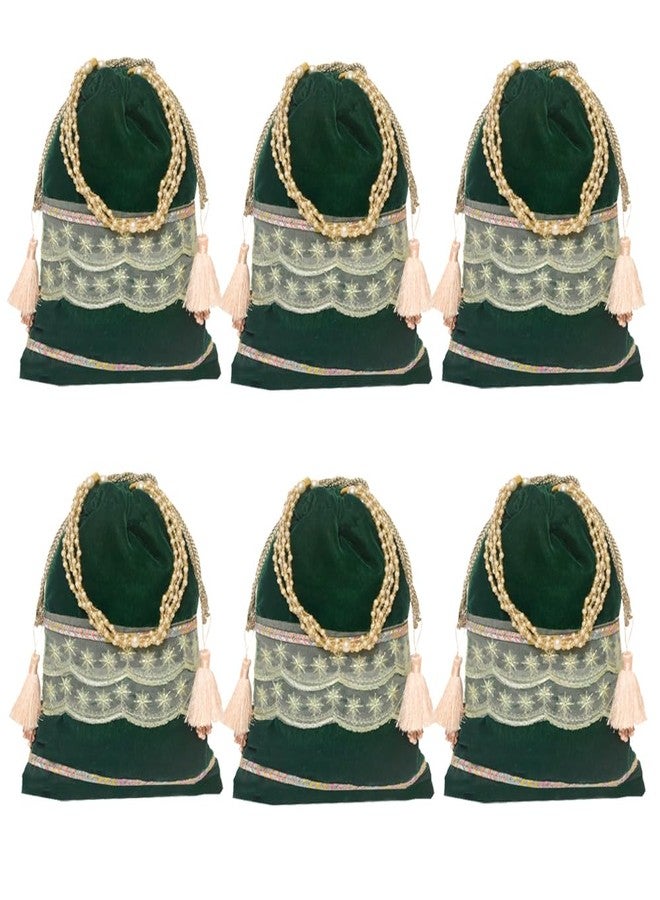 Dulhan Velvet Potli Bag with Pearl Handle | Sequin Tissue Lace Zari Tassels and Resham Dori | Light Green Soft Padded Wedding Shagun Pouch for Return Gifts, Wedding, Winter and Festive Use-pack of 6 - Image 1