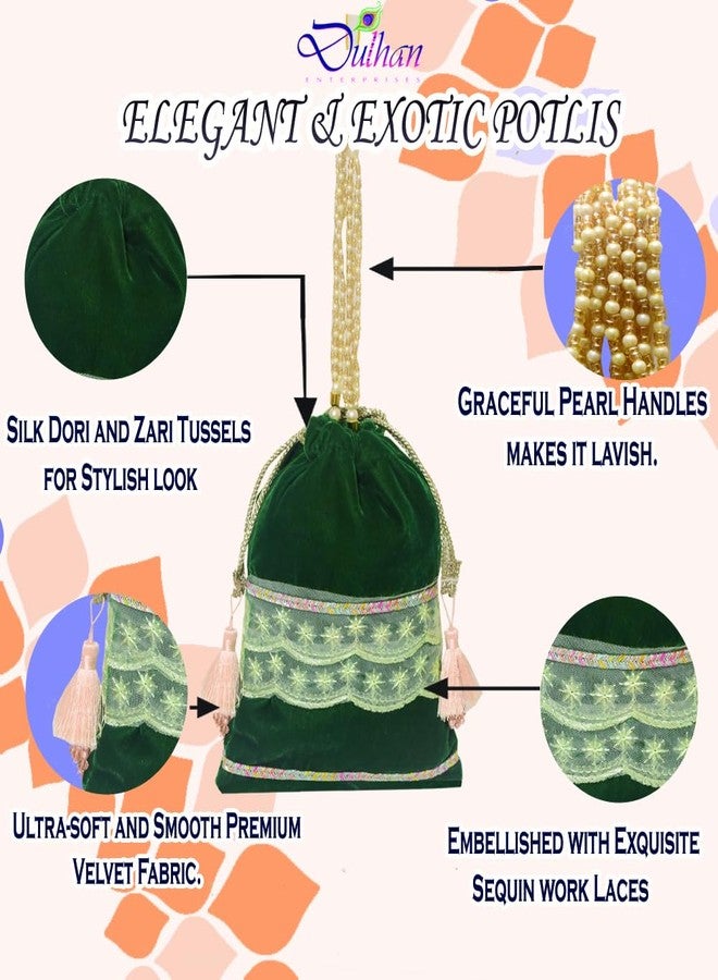 Dulhan Velvet Potli Bag with Pearl Handle | Sequin Tissue Lace Zari Tassels and Resham Dori | Light Green Soft Padded Wedding Shagun Pouch for Return Gifts, Wedding, Winter and Festive Use-pack of 6 - Image 4