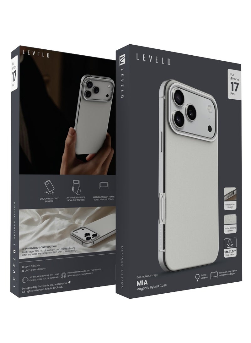 LEVELO iPhone 17 Pro Mia MagSafe Case with Matte Silicone Texture & Shock-Resistant Bumper / Anti-Fingerprint & Non-Slip Texture / Aluminum Alloy Frame for Camera & Edges / Frosted Clear Design - Silverstone - Image 3