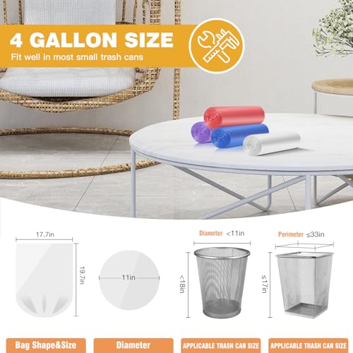 Ginkgo Small Trash Bags 4 Gallon Bathroom Garbage Bags 100 Count 4 Colors Clear Unscented Plastic Mini Trash Bags for Kitchen Waste Baskets Office Bedroom and Car Bulk Little Garbage Can Liners - Image 5