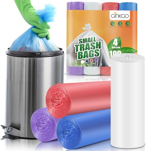 Ginkgo Small Trash Bags 4 Gallon Bathroom Garbage Bags 100 Count 4 Colors Clear Unscented Plastic Mini Trash Bags for Kitchen Waste Baskets Office Bedroom and Car Bulk Little Garbage Can Liners - Image 2