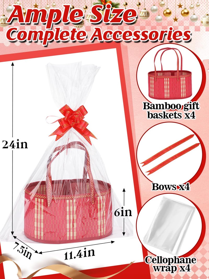 MADHOLLY 4 Set Valentine's Day Bamboo Baskets for Gifts Empty - 6"x7.5"x11.4" Large Easy to Setup Sturdy Gift Wrapping Basket with 2 Clear Bags and Bows, for Wedding Party, Baby Shower, Housewarming, Red - Image 5