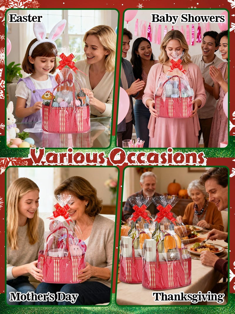MADHOLLY 4 Set Valentine's Day Bamboo Baskets for Gifts Empty - 6"x7.5"x11.4" Large Easy to Setup Sturdy Gift Wrapping Basket with 2 Clear Bags and Bows, for Wedding Party, Baby Shower, Housewarming, Red - Image 4
