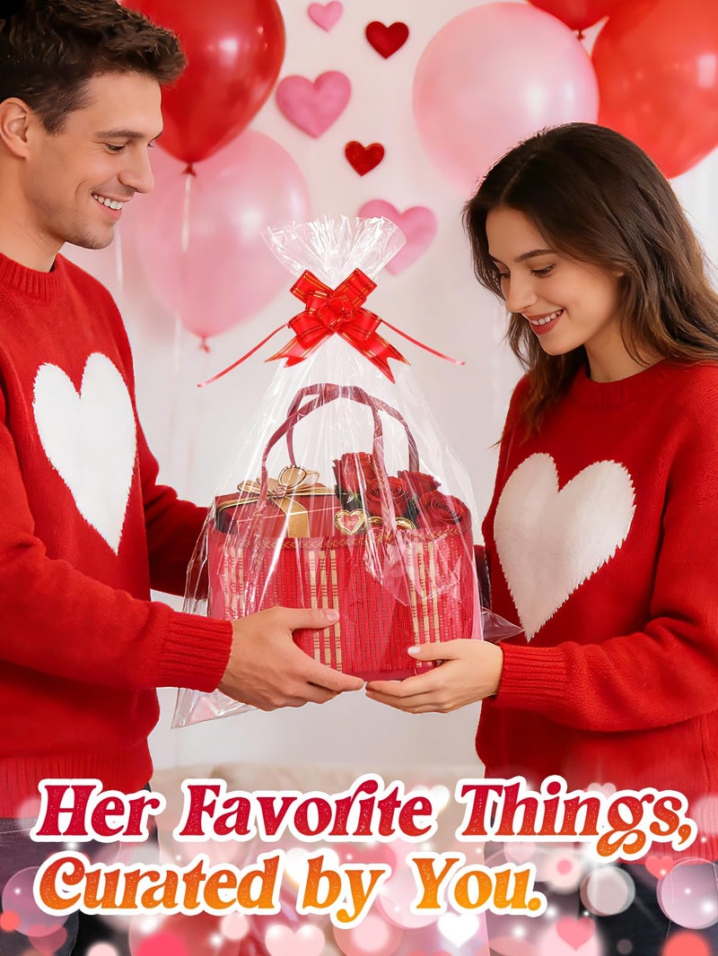 MADHOLLY 4 Set Valentine's Day Bamboo Baskets for Gifts Empty - 6"x7.5"x11.4" Large Easy to Setup Sturdy Gift Wrapping Basket with 2 Clear Bags and Bows, for Wedding Party, Baby Shower, Housewarming, Red - Image 3