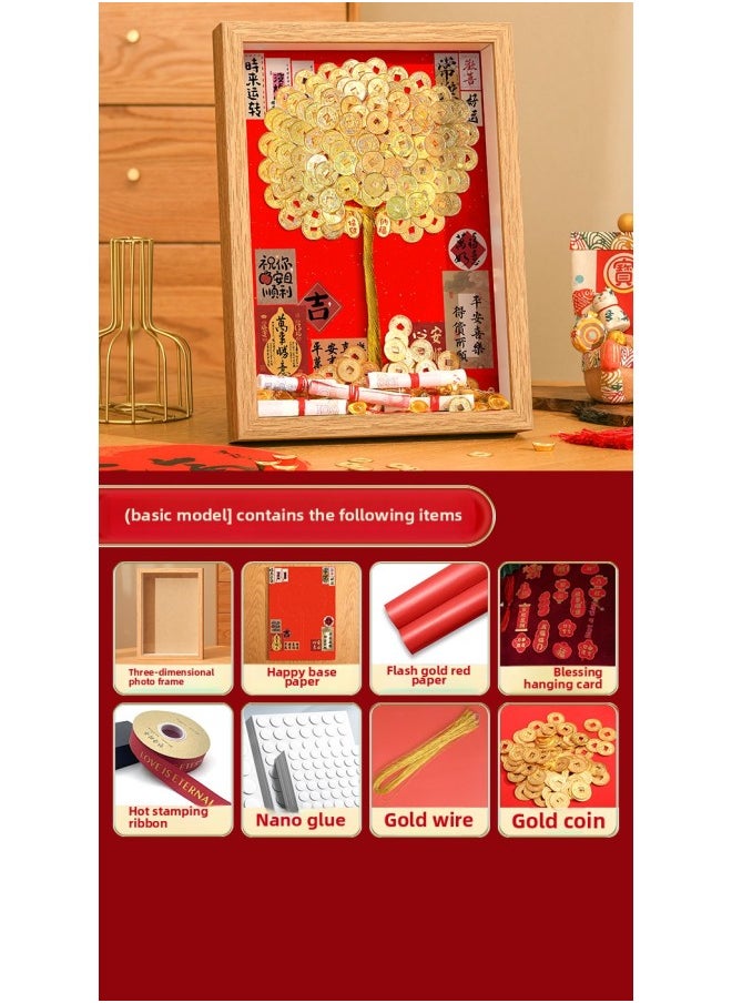 Generic Ge Qiang Fortune Tree Diy Photo Frame 50 Cents Coin Decoration Move Opening Wedding Year Gift Ornaments Material Bag-Color:A4 Hanging + Gift Recommendation [color Paper + Ribbon + Hanging Card + Gift Box] - Standard Model: Including Gold Coin (happy Background + Photo Frame + Tree Trunk + Nano Dot Glue)  - Image 1