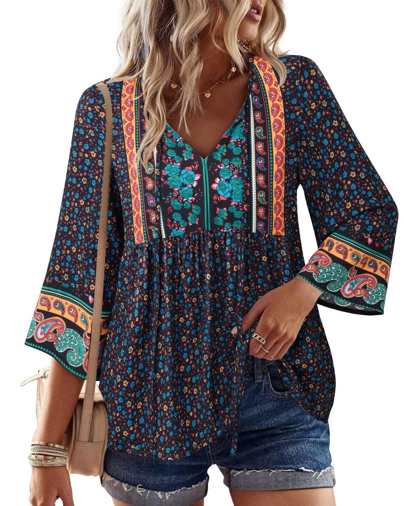 Unixseque Blouses for Women Casual: Cute Summer Top Floral Printed Peasant Blouse - 3/4 Sleeve Tops for Women - Boho Babydoll Fashion Clothing 2025 Travel Cute Summer Clothes Ladies Tops and Blouses - Image 1