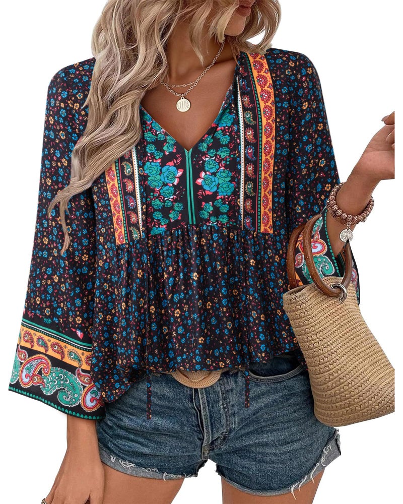 Unixseque Blouses for Women Casual: Cute Summer Top Floral Printed Peasant Blouse - 3/4 Sleeve Tops for Women - Boho Babydoll Fashion Clothing 2025 Travel Cute Summer Clothes Ladies Tops and Blouses - Image 2