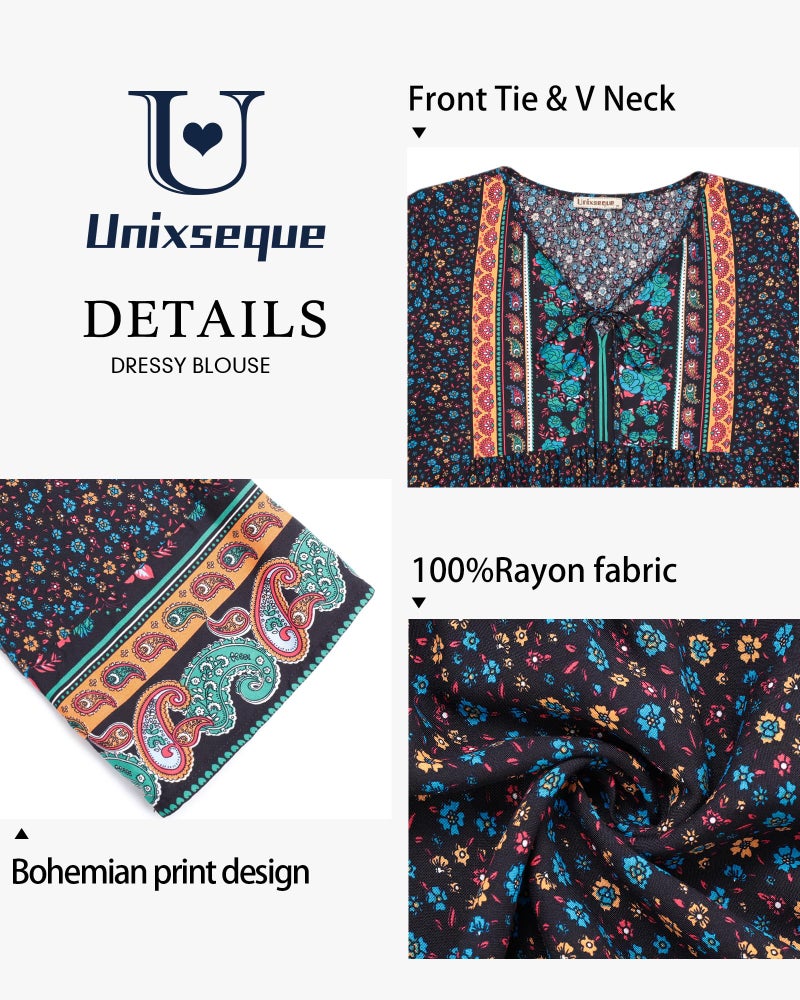 Unixseque Blouses for Women Casual: Cute Summer Top Floral Printed Peasant Blouse - 3/4 Sleeve Tops for Women - Boho Babydoll Fashion Clothing 2025 Travel Cute Summer Clothes Ladies Tops and Blouses - Image 4