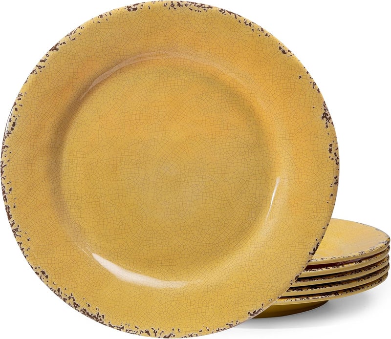 ZAROCRUS Farmhouse Melamine Dinner Plate Set 6 Piece 11inch Chip Resistant Lightweight Round Kitchen Plates Set for Salad Pasta Unbreakable RV Camping Dining Serving Dishes for Parties Yellow - Image 1