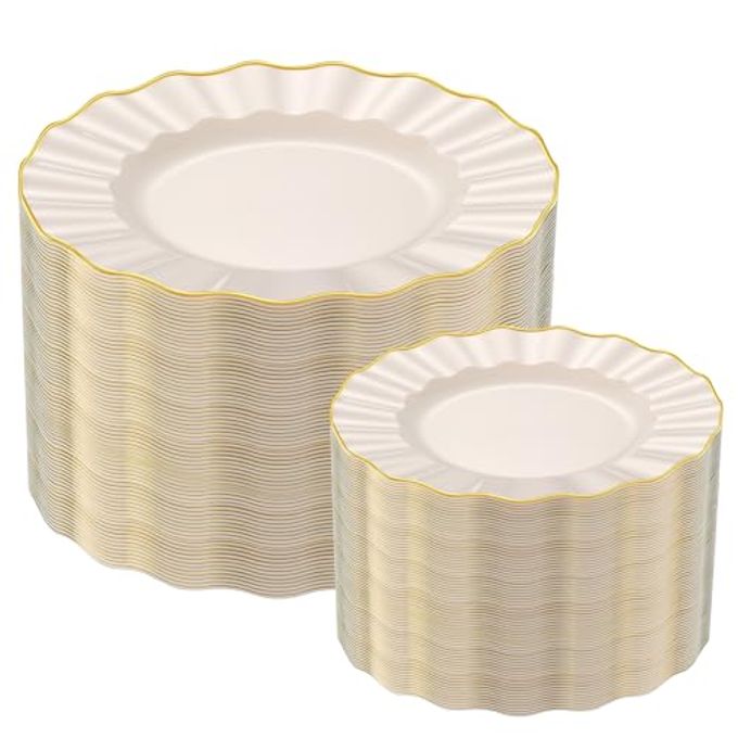 ISFANGCO 102Pcs Ivory White Plastic Plates with Gold Trim, Heavy Duty Wedding Plates, Elegant Disposable Plate Sets include 51 Dinner & 51 Dessert Plates for Party & Wedding(51 Guests)