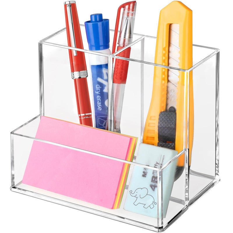 Banafich Pen Holder for Desk, Clear Acrylic Pencil Holder for Desk, Marker Holder with 3 Compartments, Pencil Organizer for Home, Office, Classroom, Bathroom - Image 1