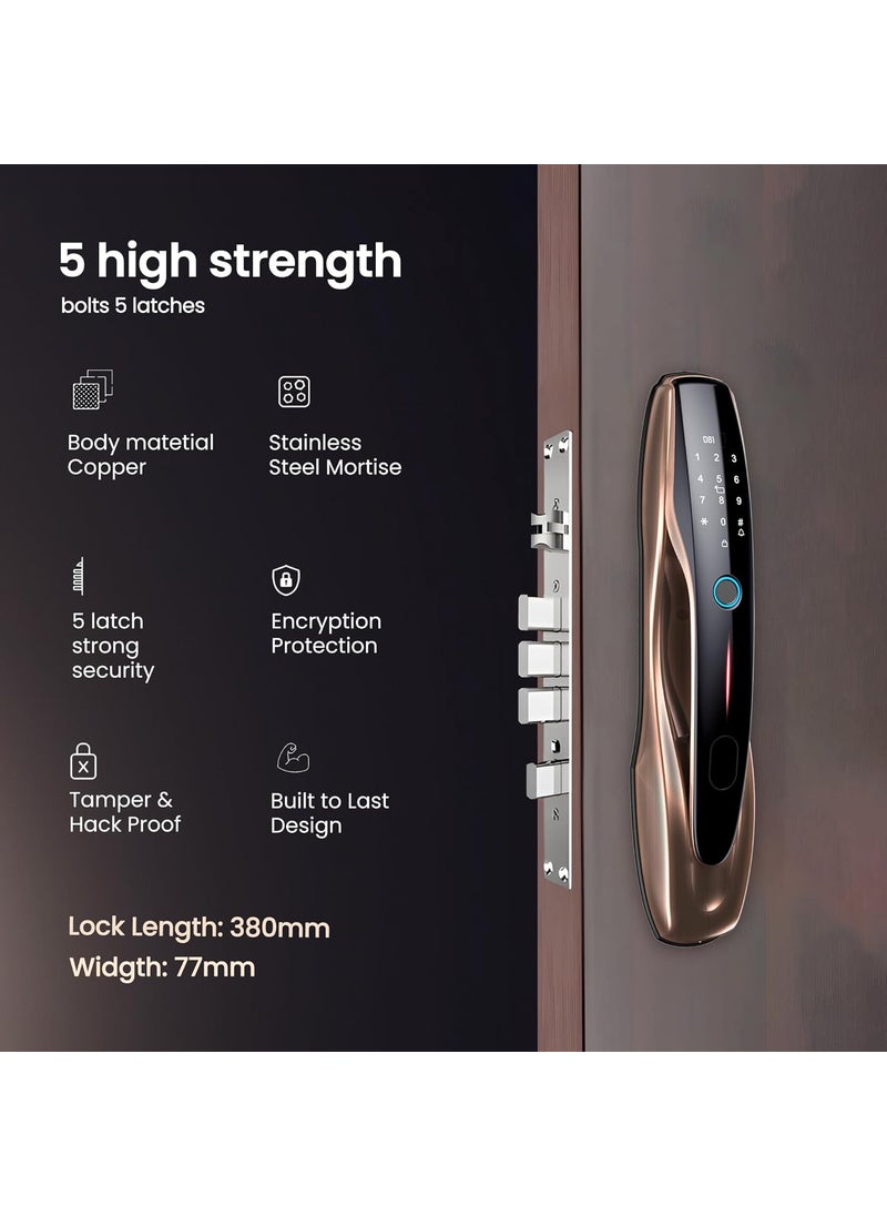 SmartiQo - SmartiQo L4 Smart Door Lock 5Way Unlocking 5 Bolts Fingerprint PIN Remote Unlocking via OTP Access Card Mobile App Mechanical Key 2 Years Brand Warranty Copper - Image 1