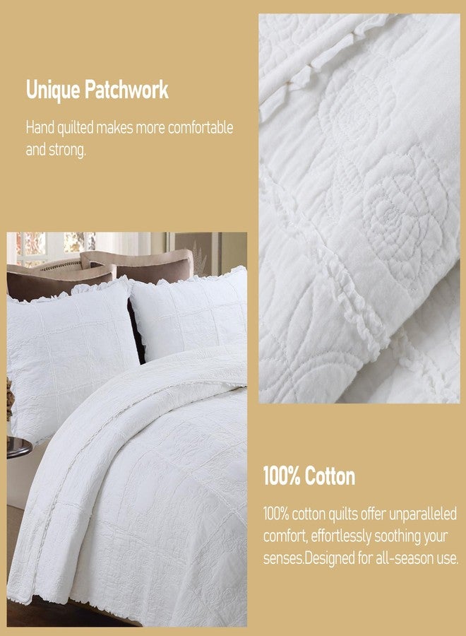 DURLENGEN White Rose Patchwork 100% Cotton King Quilt 3Pcs,White Patchwork with Rose Pattern,Luxury Lightweight Cotton Coverlet Sets for All Season(King 106x96,White Rose Patchwork) - Image 2