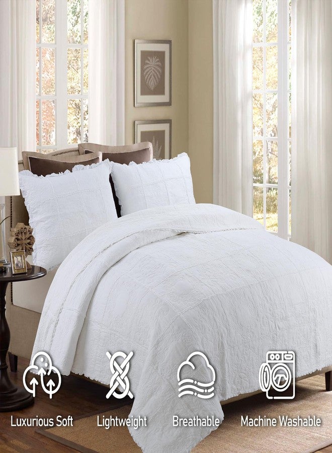 DURLENGEN White Rose Patchwork 100% Cotton King Quilt 3Pcs,White Patchwork with Rose Pattern,Luxury Lightweight Cotton Coverlet Sets for All Season(King 106x96,White Rose Patchwork) - Image 3