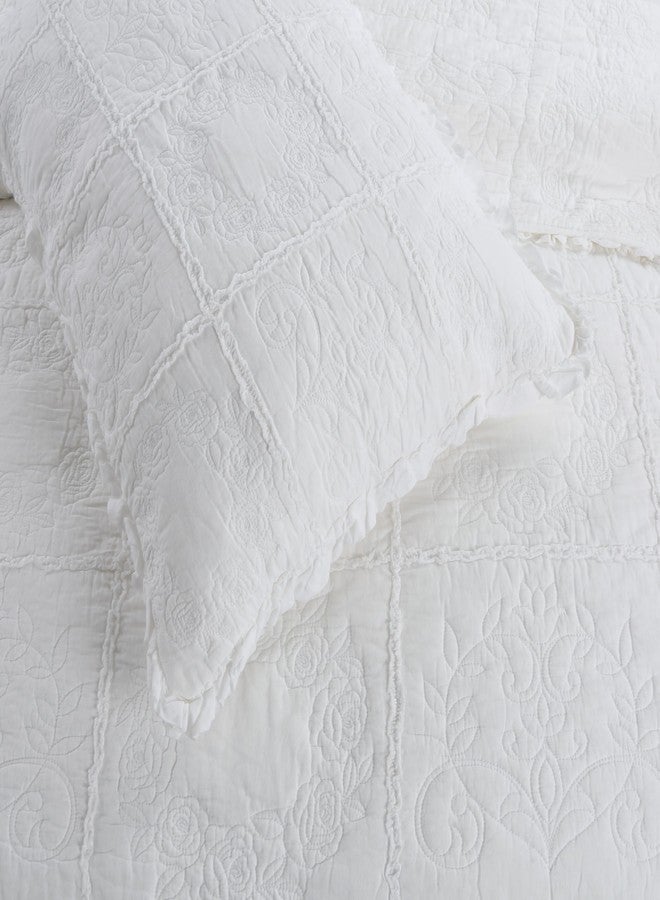 DURLENGEN White Rose Patchwork 100% Cotton King Quilt 3Pcs,White Patchwork with Rose Pattern,Luxury Lightweight Cotton Coverlet Sets for All Season(King 106x96,White Rose Patchwork) - Image 5