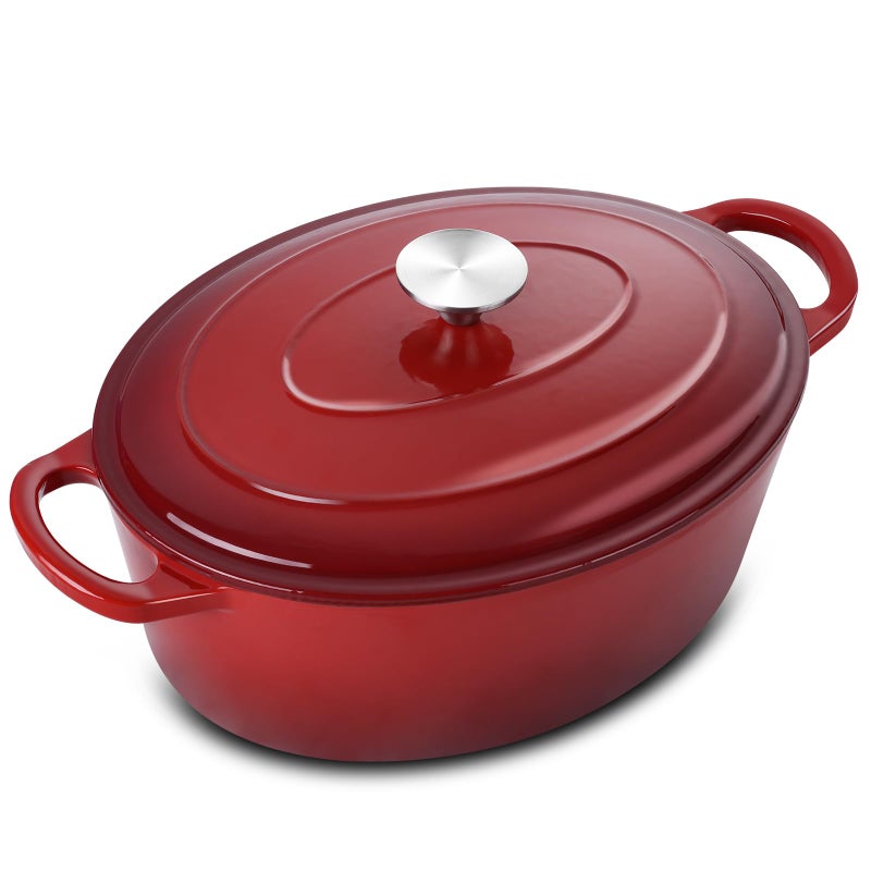 5QT Oval Dutch Oven Pot with Lid Leonyo 5 Quart Enameled Oval Cast Iron Dutch Oven for Sourdough Bread Breaking Heavy Duty Cookware for Braising Stews Roasting Red