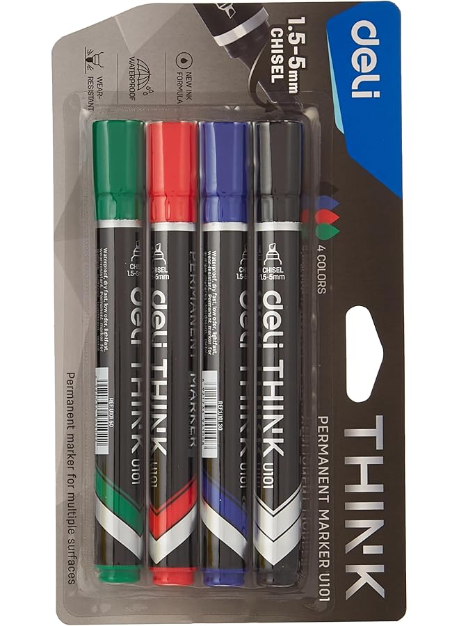 Deli 1.5 5 Mm Think Chisel Tip Permanent Marker Set 4 Pieces Black Blue Red Green Multicolor - Image 1