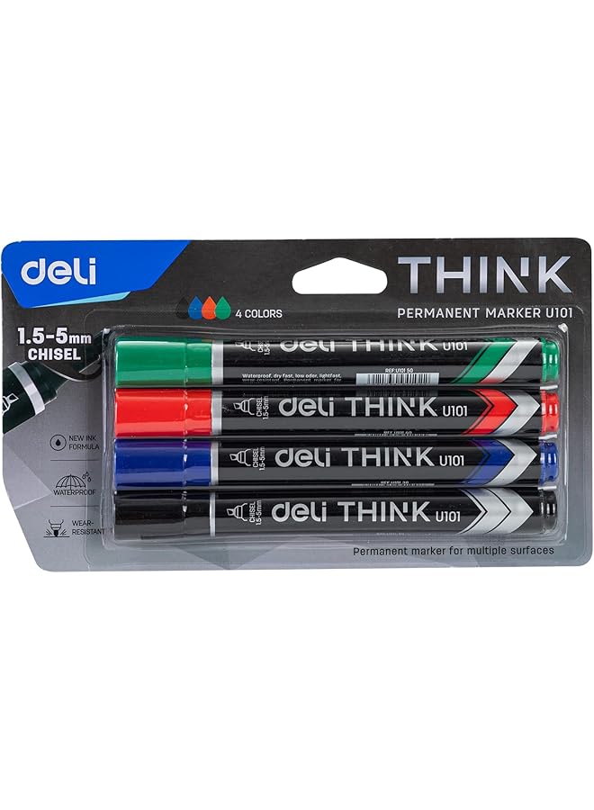Deli 1.5 5 Mm Think Chisel Tip Permanent Marker Set 4 Pieces Black Blue Red Green Multicolor - Image 2