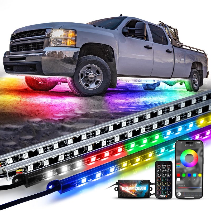 OPT7 Aura DreamColor Underglow Chasing Lights for Truck wAPP Remote Control Waterproof Rigid Aluminum LED Light Bar Exterior Neon Accent Underbody RGBIC Lighting Kit Multicolor Music Mode 12V