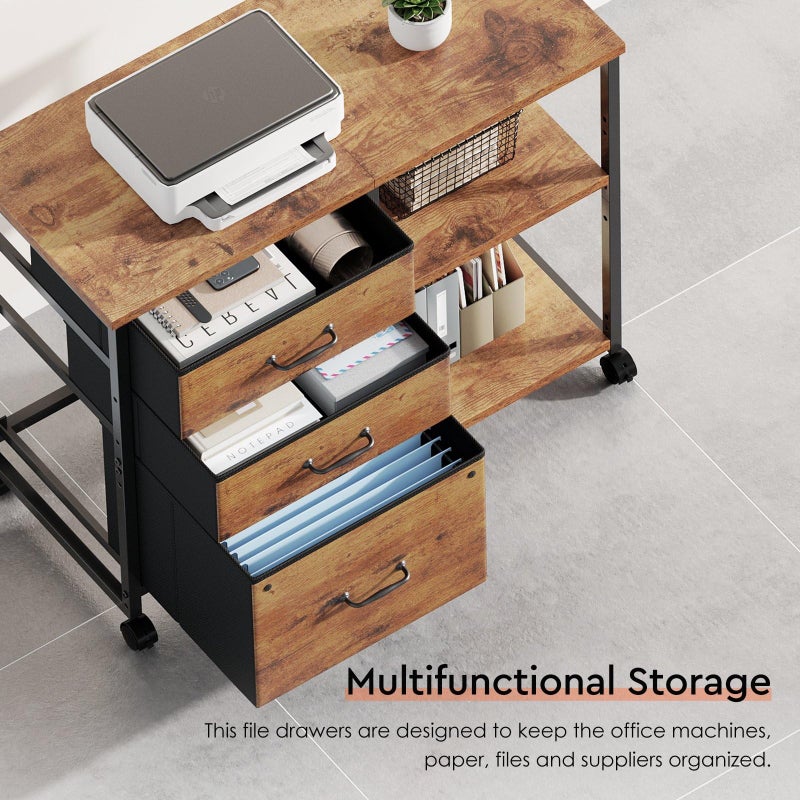 Maihail 3 Drawer File Cabinet with Wheels Rolling Printer Stand with Open Storage Shelf Fabric Lateral Filing Cabinet for Home Office,Rustic Brown2 - Image 3