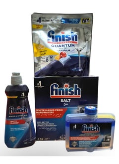 Finish Dishwasher Detergent Pack (Finish Dishwasher Detergent Salt, 2kg, Finish Dishwasher Detergent, 250ml, Finish Liquid Rinse Aid - 400ml - Finish Cubes 12 Quantum Tablets)