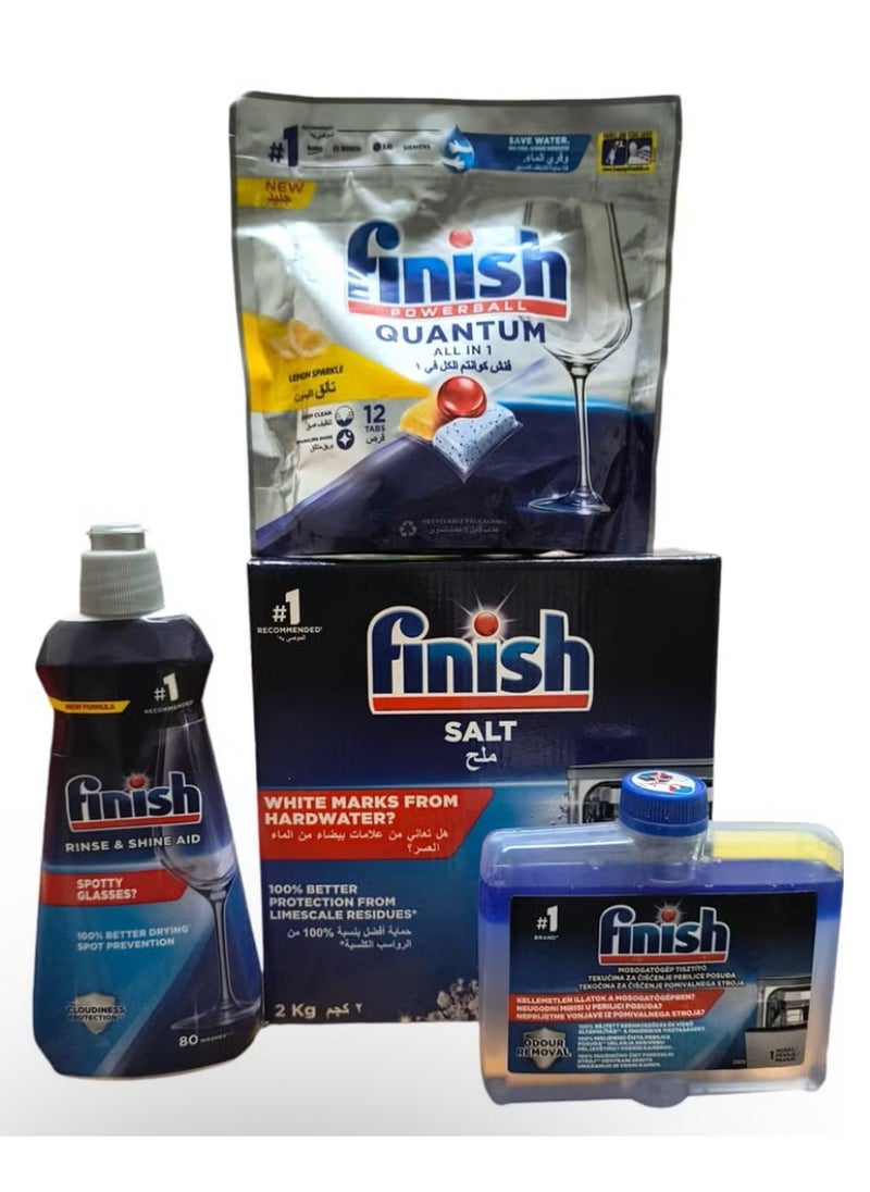 Finish - Finish Dishwasher Detergent Pack (Finish Dishwasher Detergent Salt, 2kg, Finish Dishwasher Detergent, 250ml, Finish Liquid Rinse Aid - 400ml - Finish Cubes 12 Quantum Tablets) - Image 1