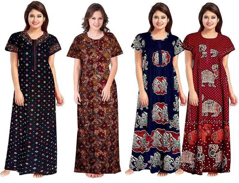 NEGLIGEE Women's Cotton Printed Maxi Nightgown Nighty for Women Ankle Length Night Dress - Pack of 4 (Free Size, Multicolor, Option 04) - Image 1