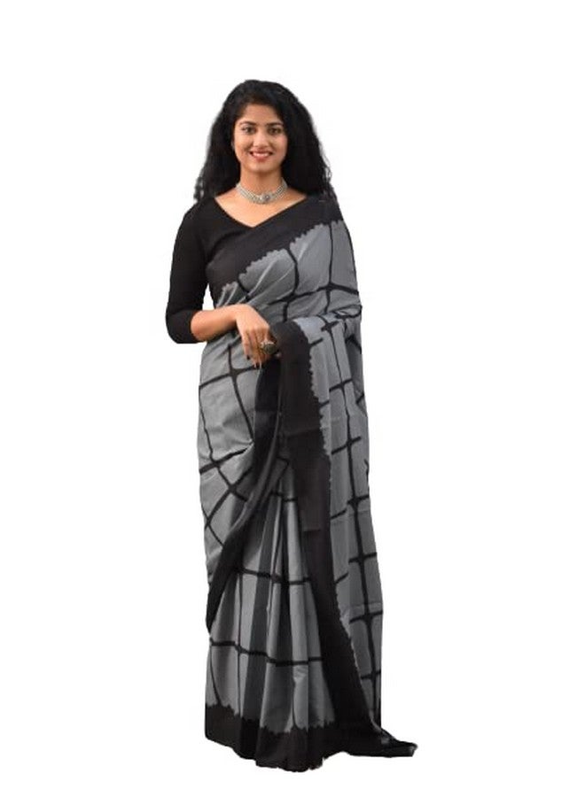 Kiaaron Women's Ikat Hand Block Print Jaipuri Cotton Mulmul Saree with Blouse Piece - Grey_269 - Image 1