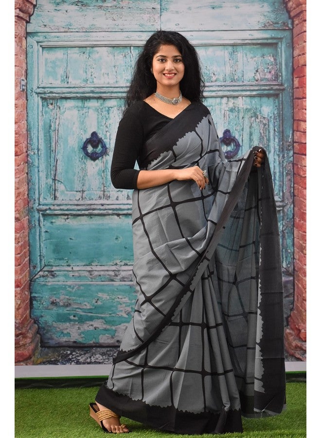 Kiaaron Women's Ikat Hand Block Print Jaipuri Cotton Mulmul Saree with Blouse Piece - Grey_269 - Image 3