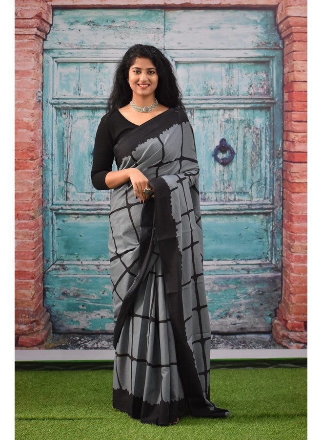 Kiaaron Women's Ikat Hand Block Print Jaipuri Cotton Mulmul Saree with Blouse Piece - Grey_269 - Image 2
