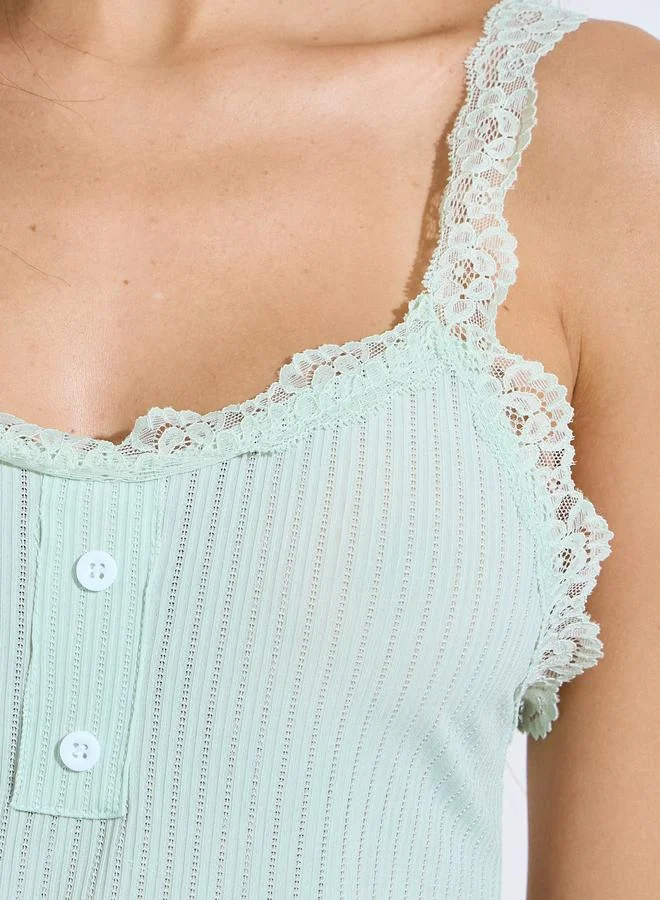 Styli Green Mint Green Ribbed Lace Trim Slip Dress for Women | Best Price UAE
