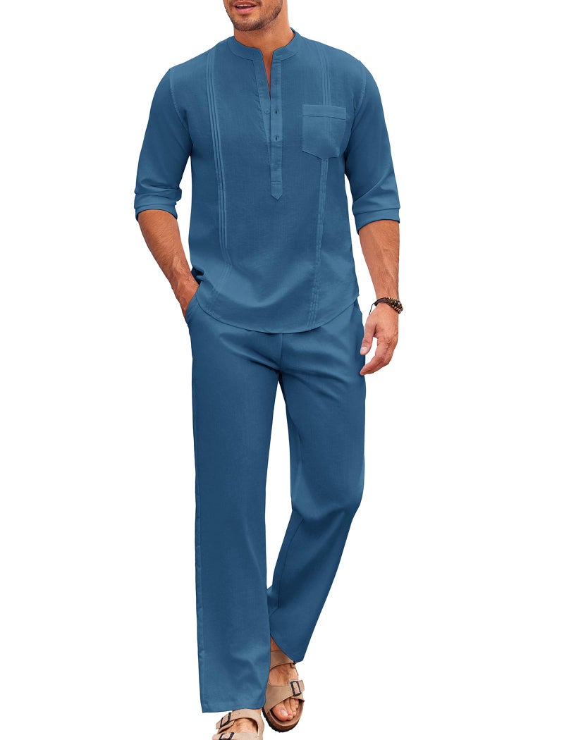 COOFANDY Men's 2 Piece Cotton Linen Sets Casual Long Sleeve Henley Shirts Yoga Pants Set Beach Cuban Outfits - Image 1