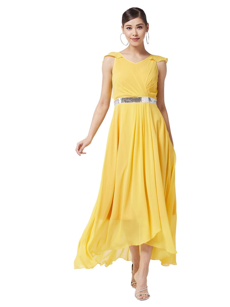Miss Chase Women's Yellow V-Neck Ruffled Sleeve Solid Embellished Maxi Dress (MCAW21D06-17-29-03, Yellow, S) - Image 1