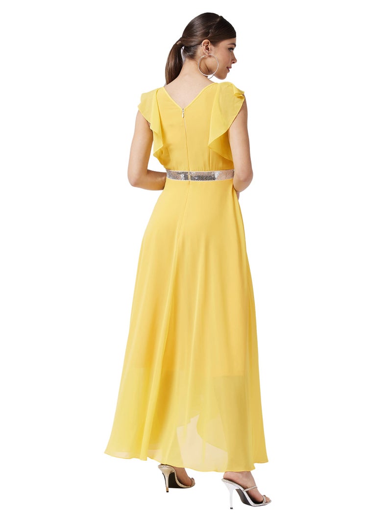 Miss Chase Women's Yellow V-Neck Ruffled Sleeve Solid Embellished Maxi Dress (MCAW21D06-17-29-03, Yellow, S) - Image 4