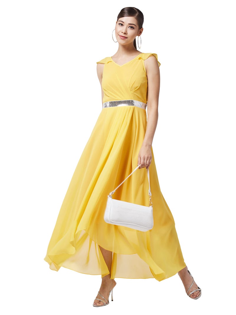 Miss Chase Women's Yellow V-Neck Ruffled Sleeve Solid Embellished Maxi Dress (MCAW21D06-17-29-03, Yellow, S) - Image 2