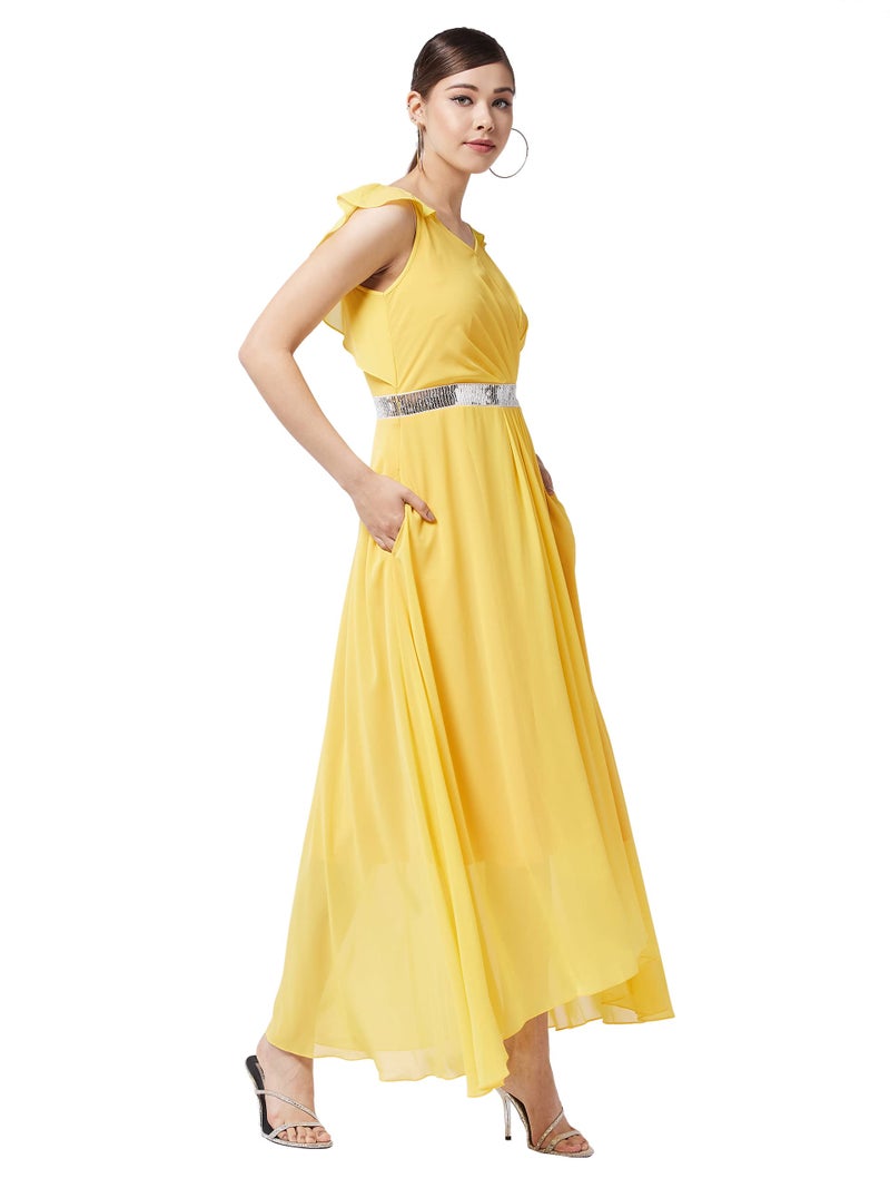 Miss Chase Women's Yellow V-Neck Ruffled Sleeve Solid Embellished Maxi Dress (MCAW21D06-17-29-03, Yellow, S) - Image 3