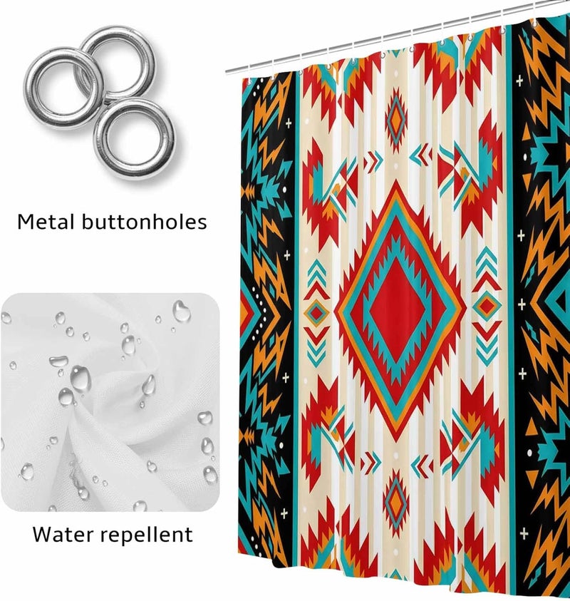 Ethnic Geometric Shower Curtain with 12 Hooks Southwestern Argyle Stripe Red Teal Farmhouse Waterproof Fabric Shower Curtains Sets for Bathroom Bath Decorations, Machine Washable, 60"x72" - Image 4