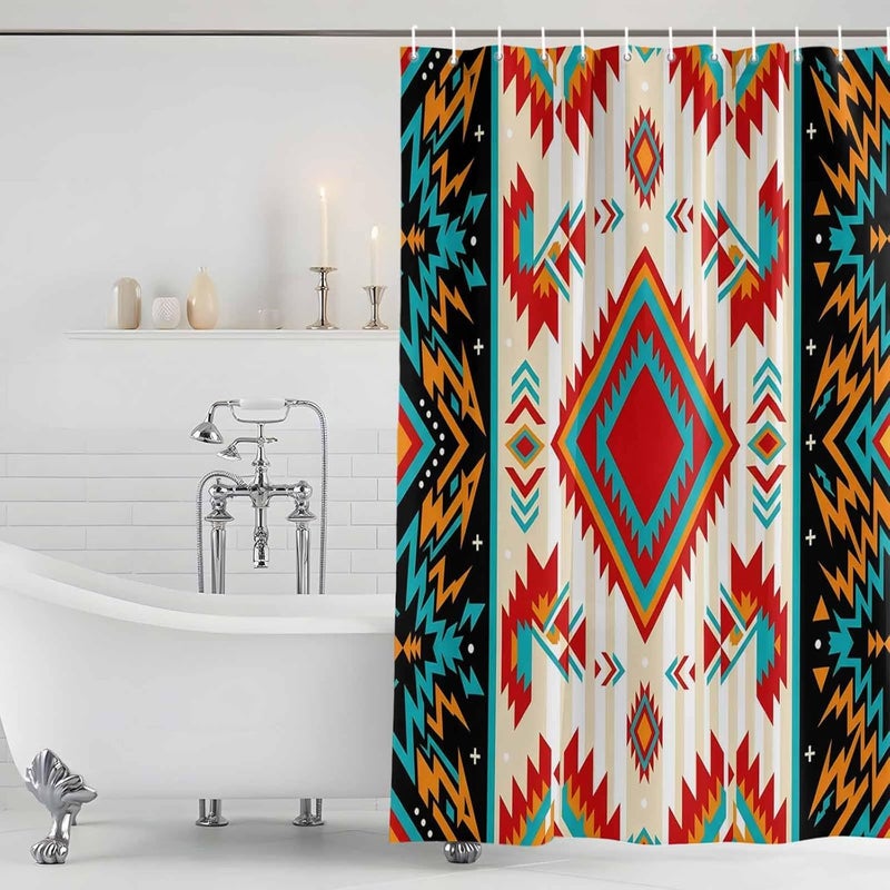 Ethnic Geometric Shower Curtain with 12 Hooks Southwestern Argyle Stripe Red Teal Farmhouse Waterproof Fabric Shower Curtains Sets for Bathroom Bath Decorations, Machine Washable, 60"x72" - Image 5