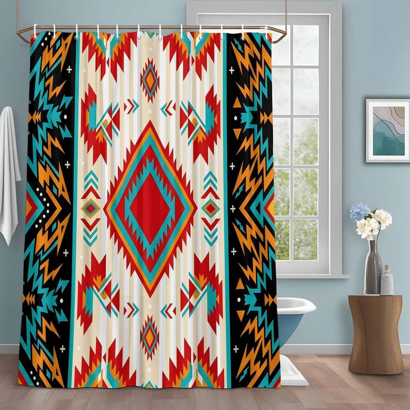 Ethnic Geometric Shower Curtain with 12 Hooks Southwestern Argyle Stripe Red Teal Farmhouse Waterproof Fabric Shower Curtains Sets for Bathroom Bath Decorations, Machine Washable, 60"x72" - Image 1