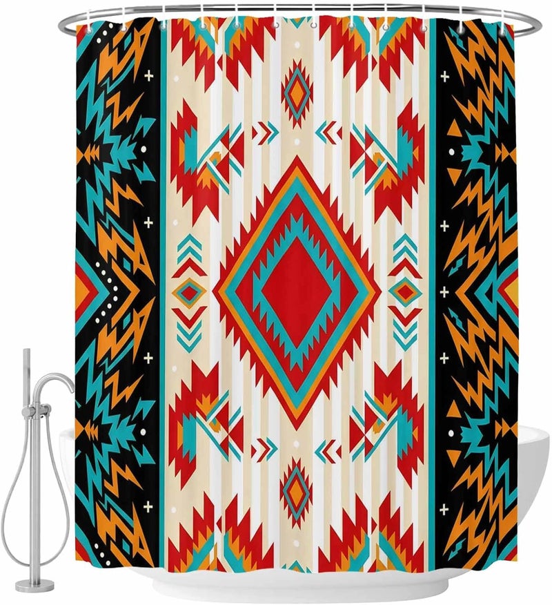 Ethnic Geometric Shower Curtain with 12 Hooks Southwestern Argyle Stripe Red Teal Farmhouse Waterproof Fabric Shower Curtains Sets for Bathroom Bath Decorations, Machine Washable, 60"x72" - Image 2