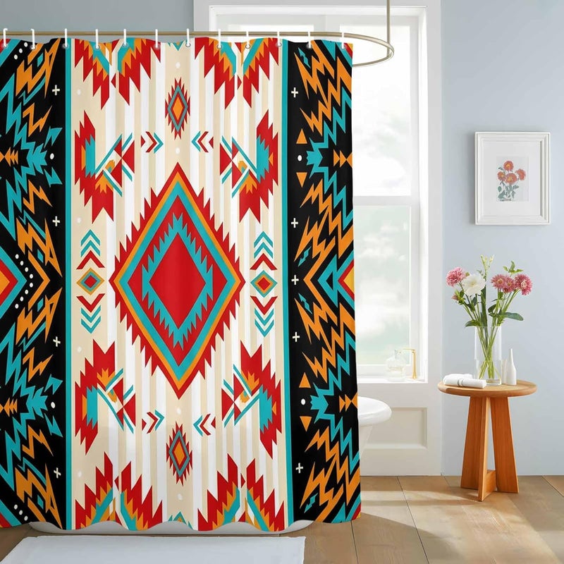 Ethnic Geometric Shower Curtain with 12 Hooks Southwestern Argyle Stripe Red Teal Farmhouse Waterproof Fabric Shower Curtains Sets for Bathroom Bath Decorations, Machine Washable, 60"x72" - Image 3
