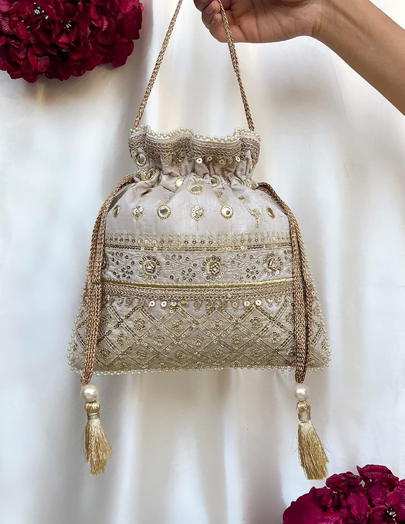 MASQ by Q-One Embroidered Silk Potli Bags - Handcrafted for Weddings, Festive Season & Special Occasions with Beads and Sequins - Made in India - Image 2