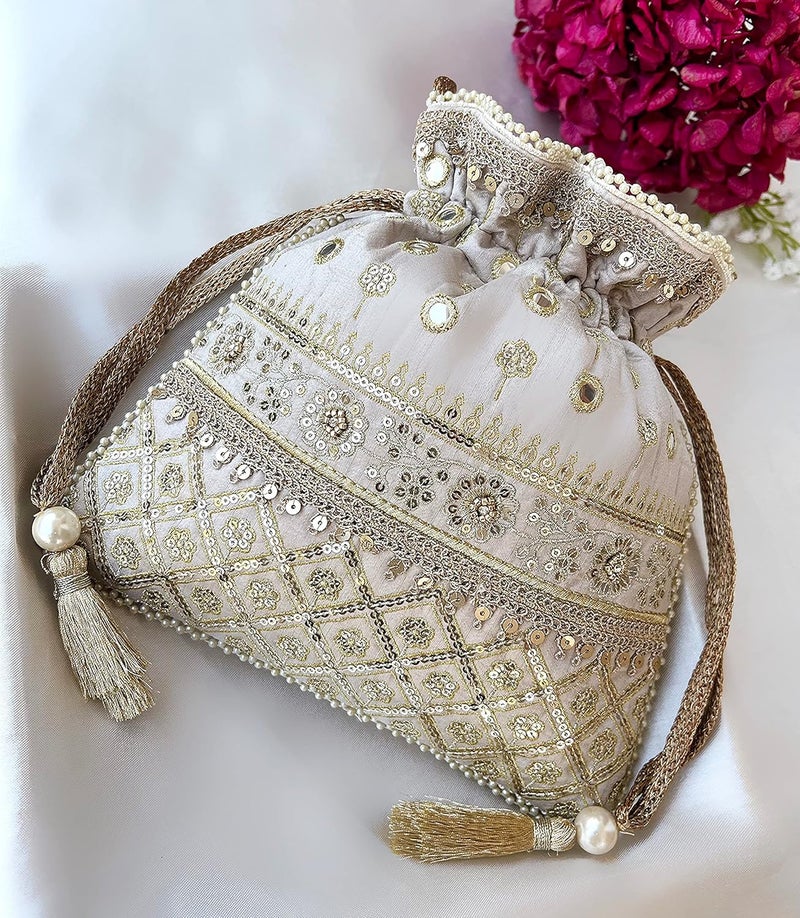 MASQ by Q-One Embroidered Silk Potli Bags - Handcrafted for Weddings, Festive Season & Special Occasions with Beads and Sequins - Made in India - Image 4
