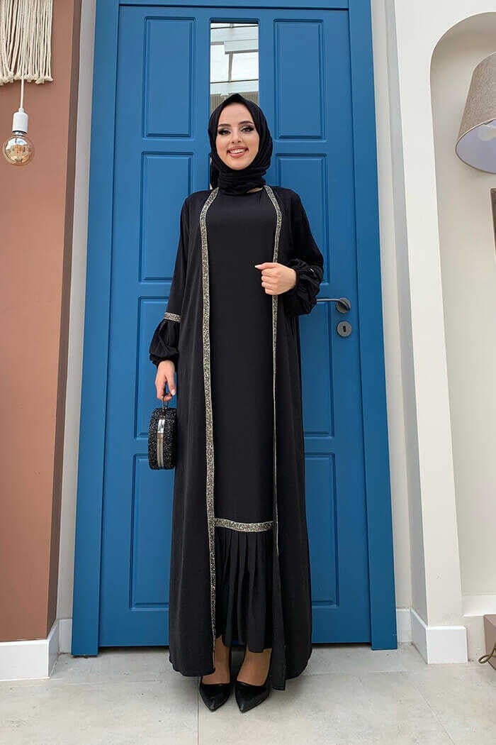 Bym Fashion Bym Stone Detailed Abaya Zero Sleeve Dress Set 3657 Black  - Image 2