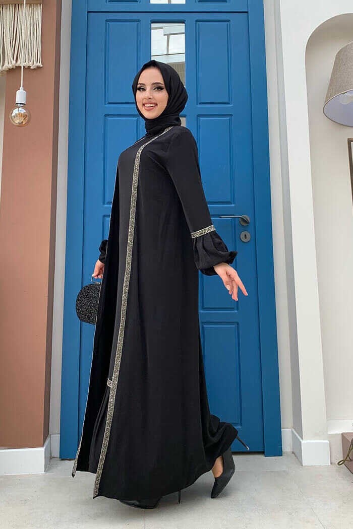 Bym Fashion Bym Stone Detailed Abaya Zero Sleeve Dress Set 3657 Black  - Image 3
