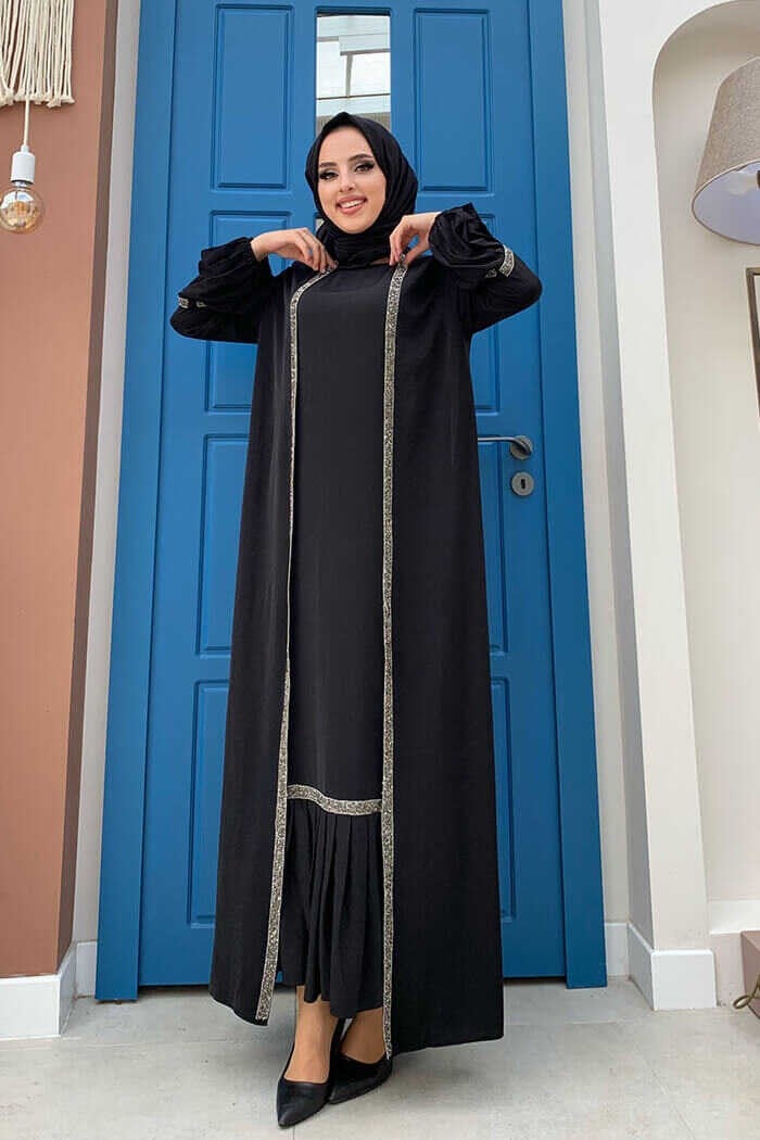Bym Fashion Bym Stone Detailed Abaya Zero Sleeve Dress Set 3657 Black  - Image 1