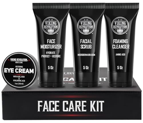 Viking Revolution Mens Facial Skin Care Kit Includes Rejuvenating Face Moisturizer Microdermabrasion Facial Scrub Foaming Cleanser 5oz Each and Eye Cream 1oz